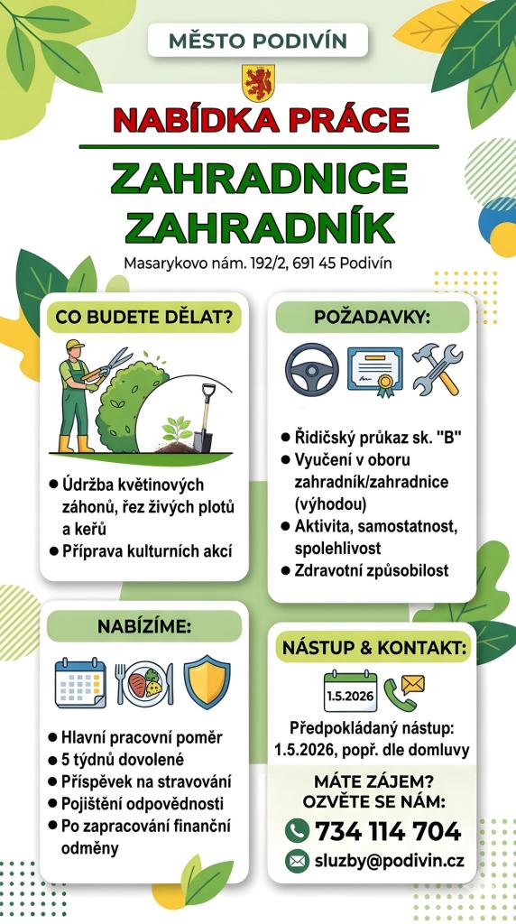 Město Podivín hledá zahradnci / zahradníka.